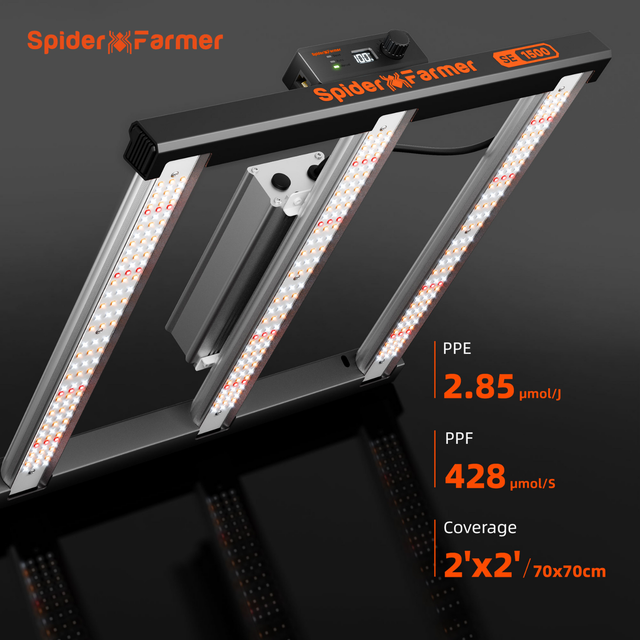 Spider Farmer LED grow light on a black background with specifications displayed.