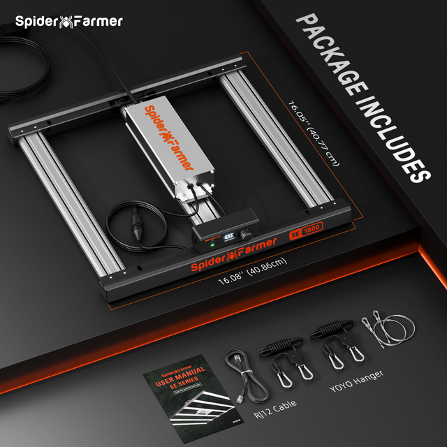 Spider Farmer SE1500 EVO SMART LED Grow Light 150w. Spider Farmer product package with components on a black background