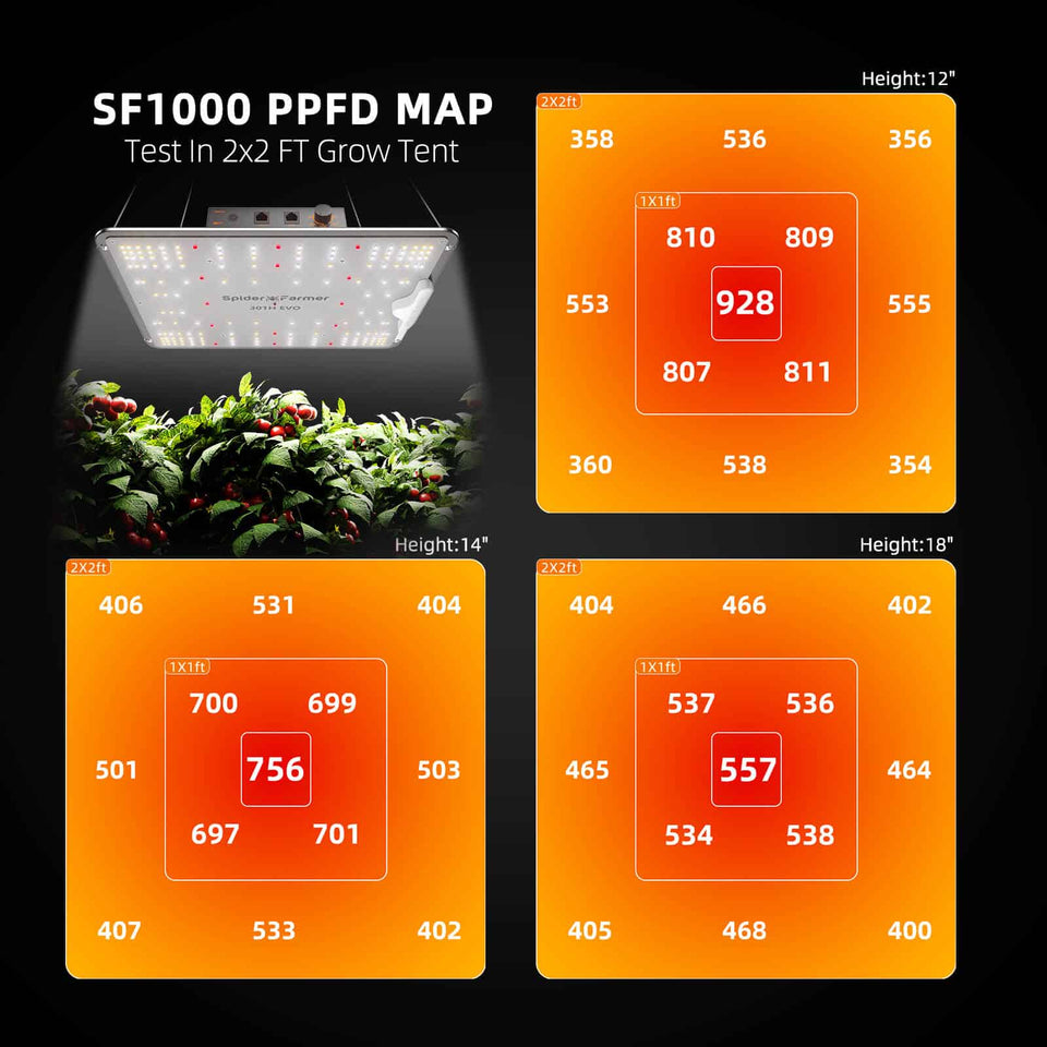 Spider Farmer SF1000 EVO LED Grow Light PPFD MAP