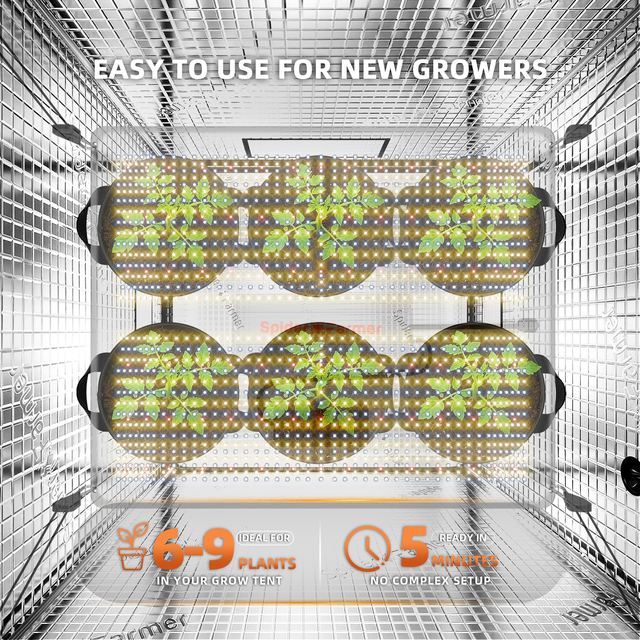 An indoor LED grow light kit shown inside a grow tent, featuring two rows of oval light panels with glowing green plants. Text at the top reads 'EASY TO USE FOR NEW GROWERS' and the bottom banner highlights suitability for 6-9 plants and 5 minutes of setup time.
