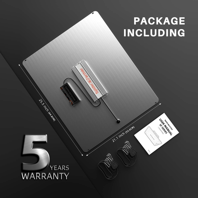 Product packaging with a 5-year warranty on a dark background