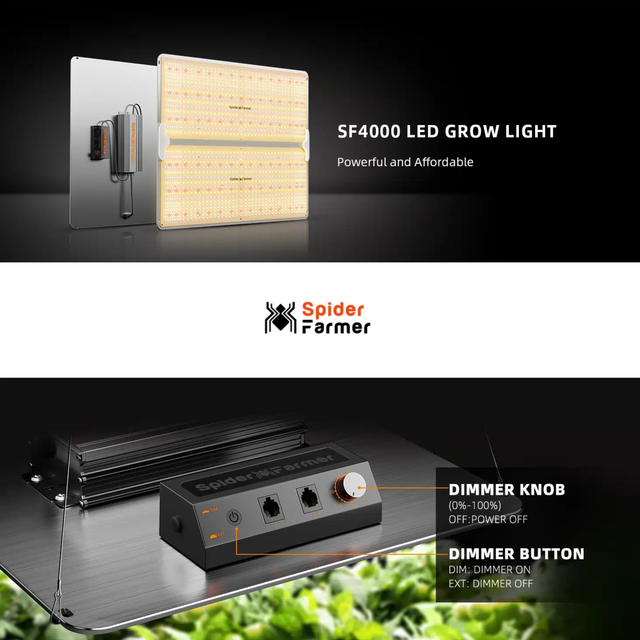 Spider Farmer SF4000 LED grow light shown in a split promotional layout: a clean product render on black at the top, the Spider Farmer logo on white in the middle, and a close-up of the controller and light on a shelf with labeled controls at the bottom.