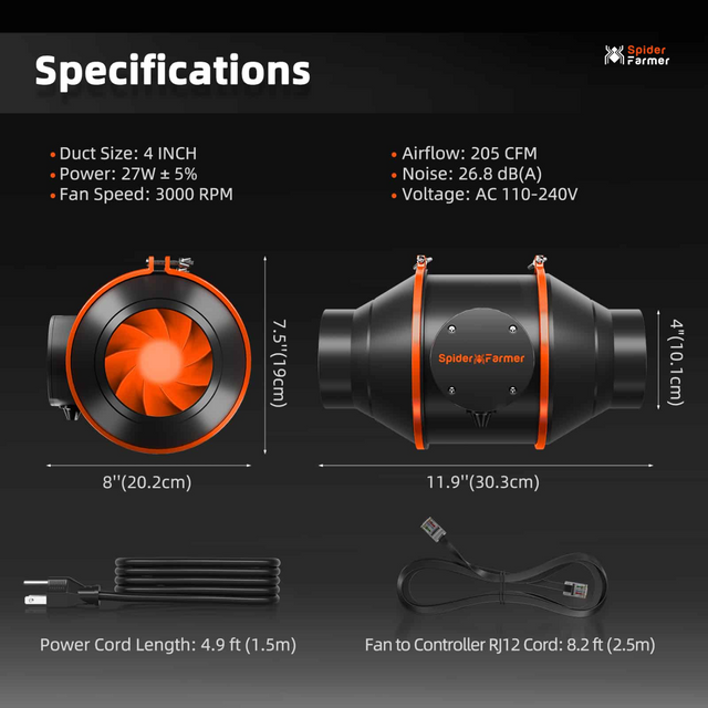 Spider Farmer 4" Inline Fan with GGS Controller