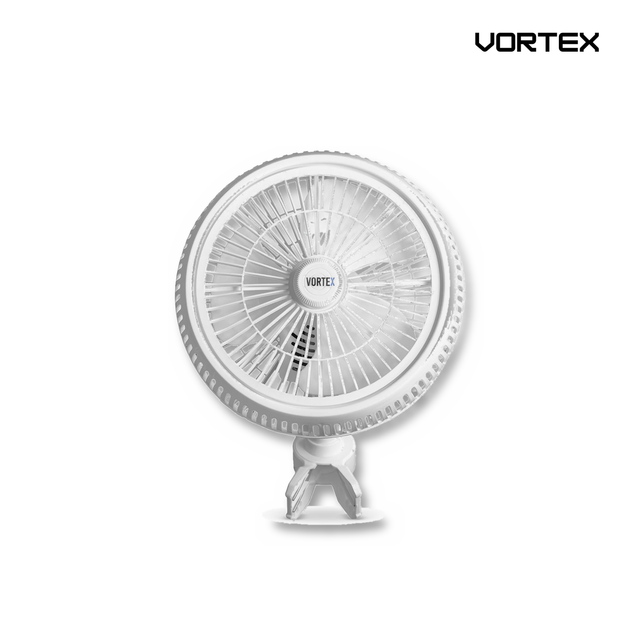 Vortex 10 inch oscillating clip fan on white background