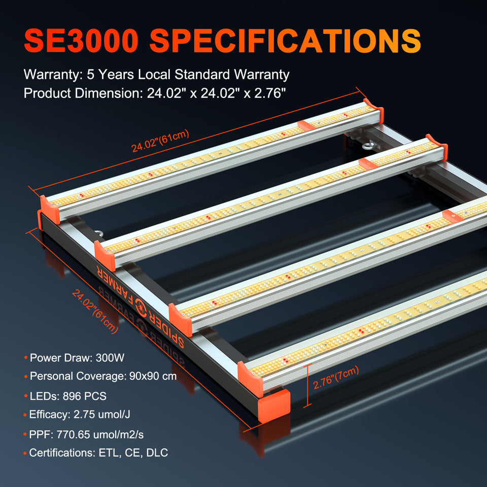 Spider Farmer SE3000 LED Grow Light Specifications